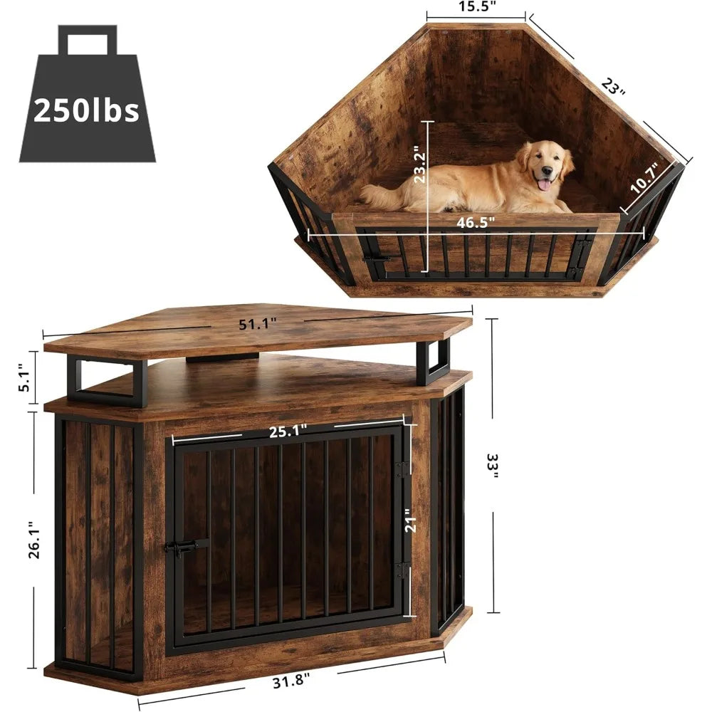 DAFIFY Corner Wooden Dog Crate With Shelves For Large Dogs