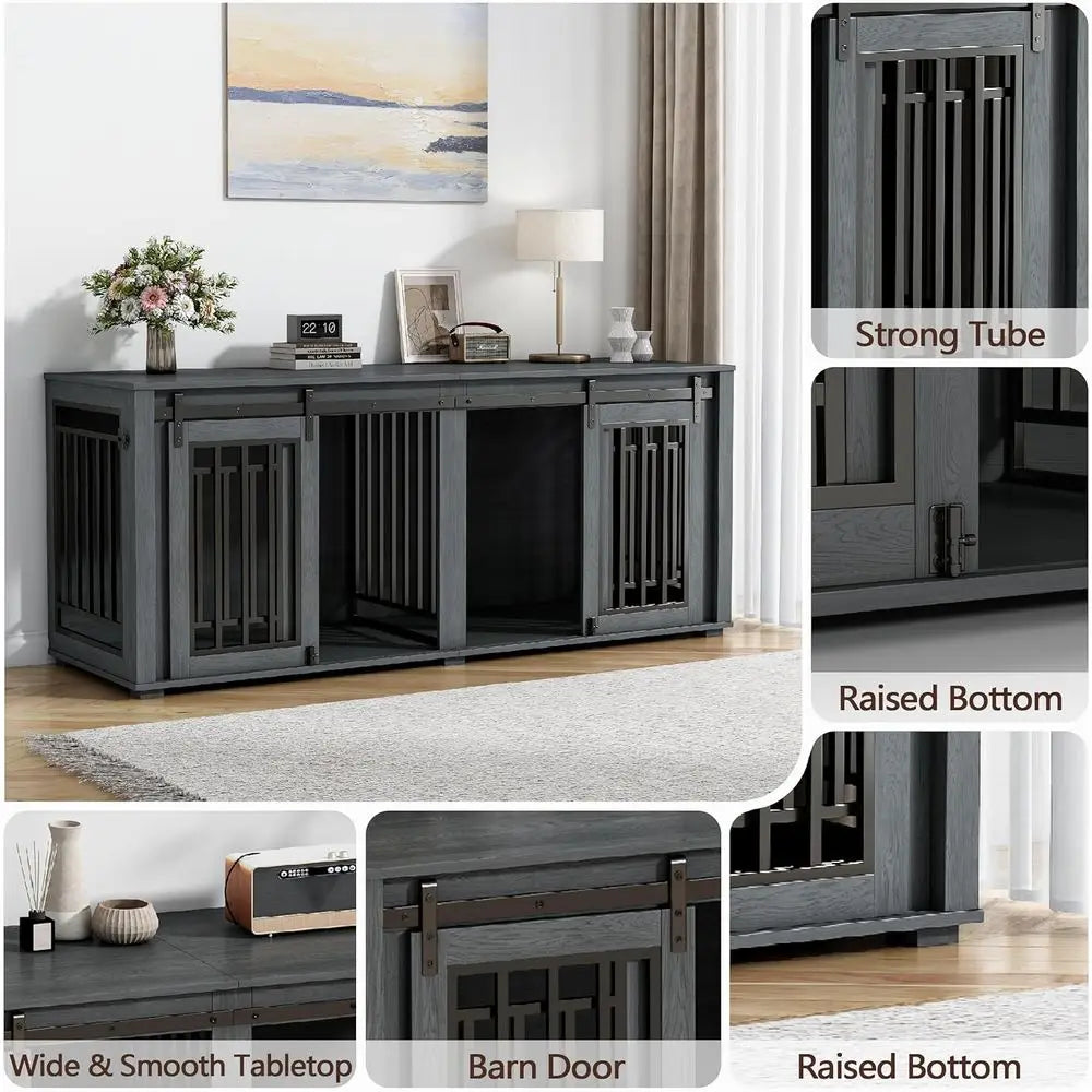 Large Dog Crate Furniture for 2 Dogs, Upgrade 71" Pro XXL Sliding Door Heavy Duty Dog Kennel Furniture with Divider, Steel Frame