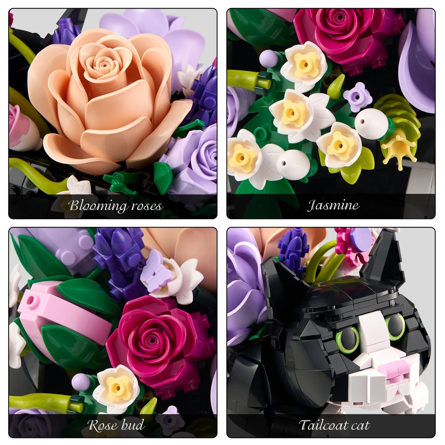 BuildMoc Tuxedo Cat Rose Bouquet Building Blocks Set