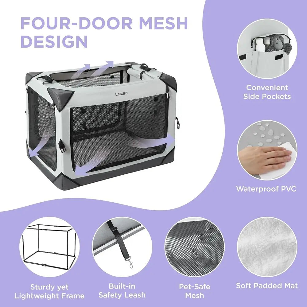 Portable Dog Crate With 4-Door Access And Mesh Windows