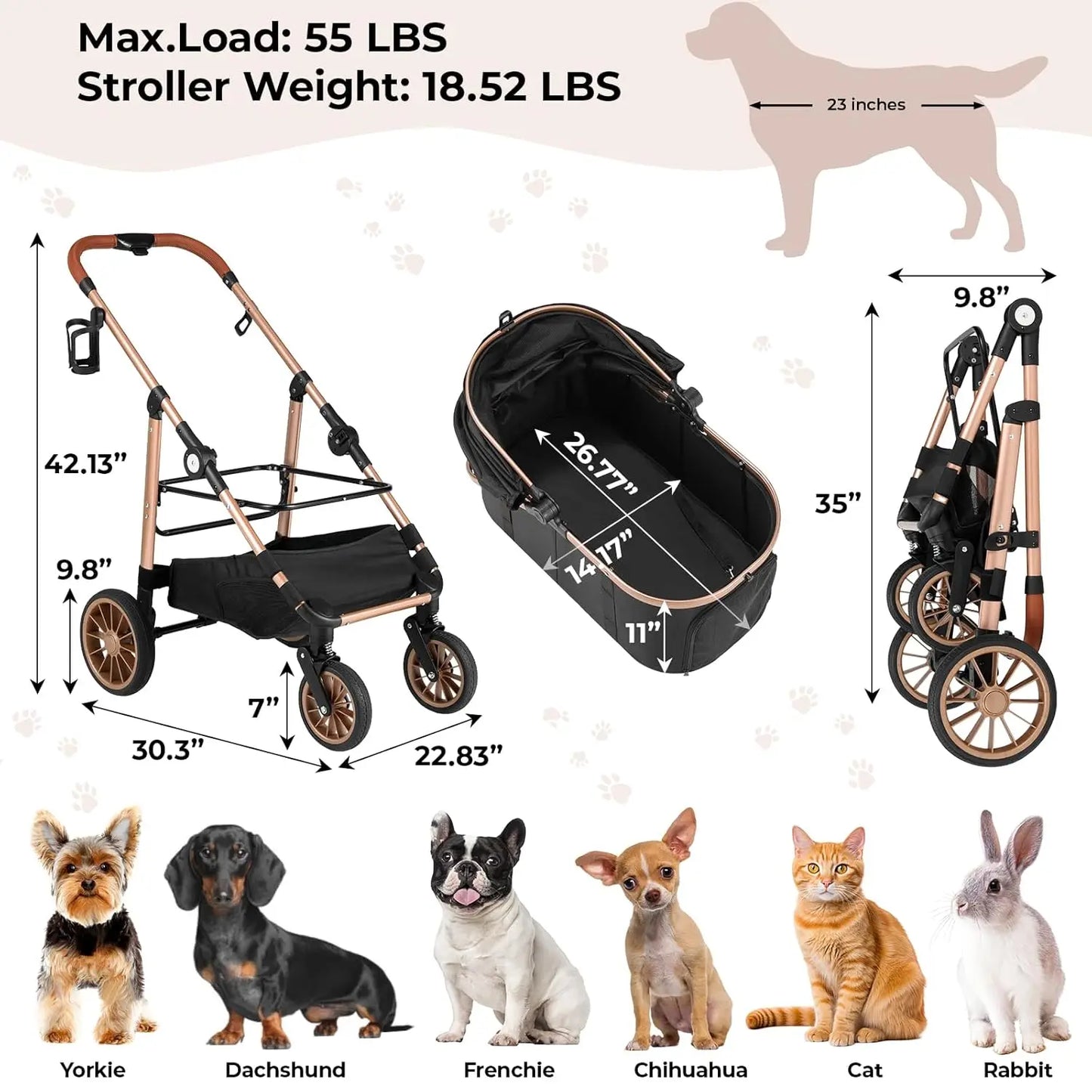 360 Degree High Wheels Foldable Pet Stroller 2in1 Dog Cat Buggy Max Load 25 Kg