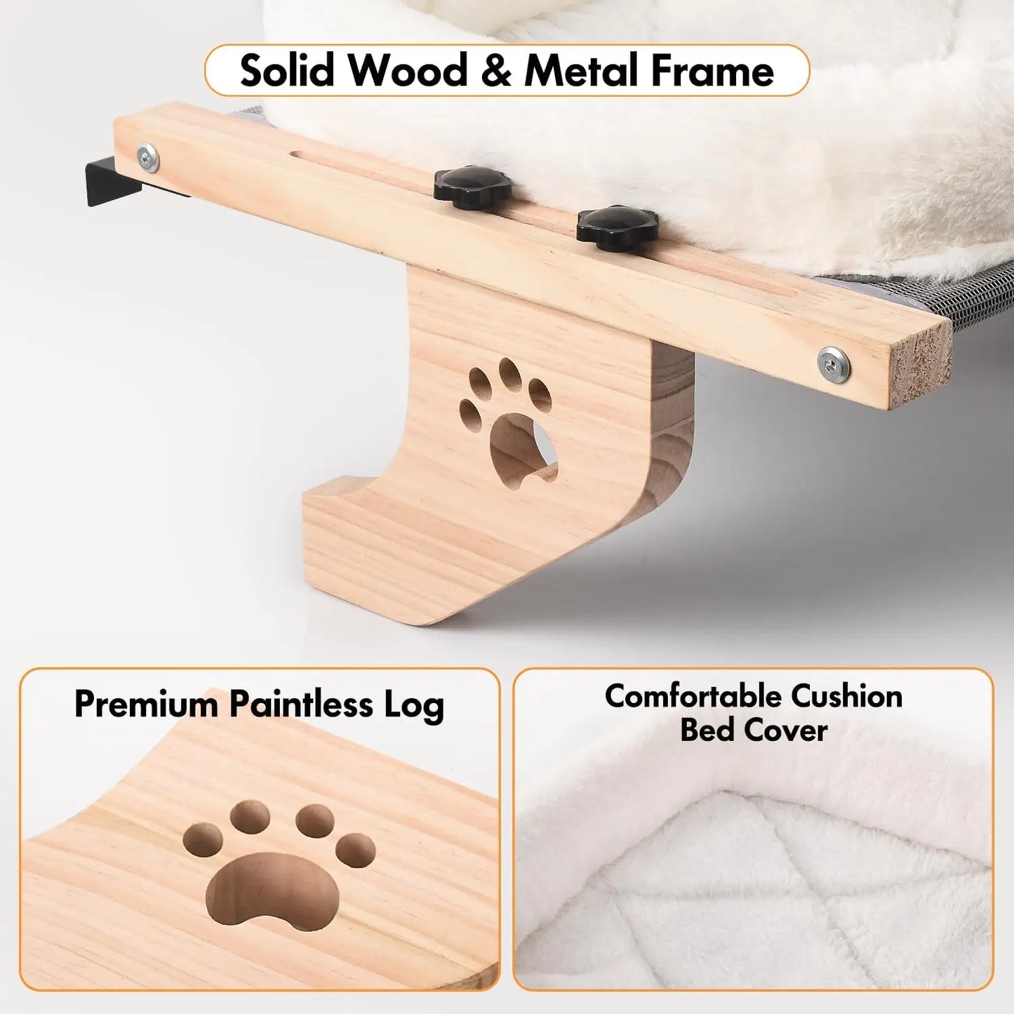 Sturdy Cat Window Perch with Cushion Bed Cover, Adjustable Wood & Metal Frame for Large Cats, Easy Installation