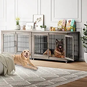 Dog Crate Furniture with Cushion Set of 2, Wooden Dog Kennel Indoor with Double Doors, Dog Cage with Wheels, House Side End