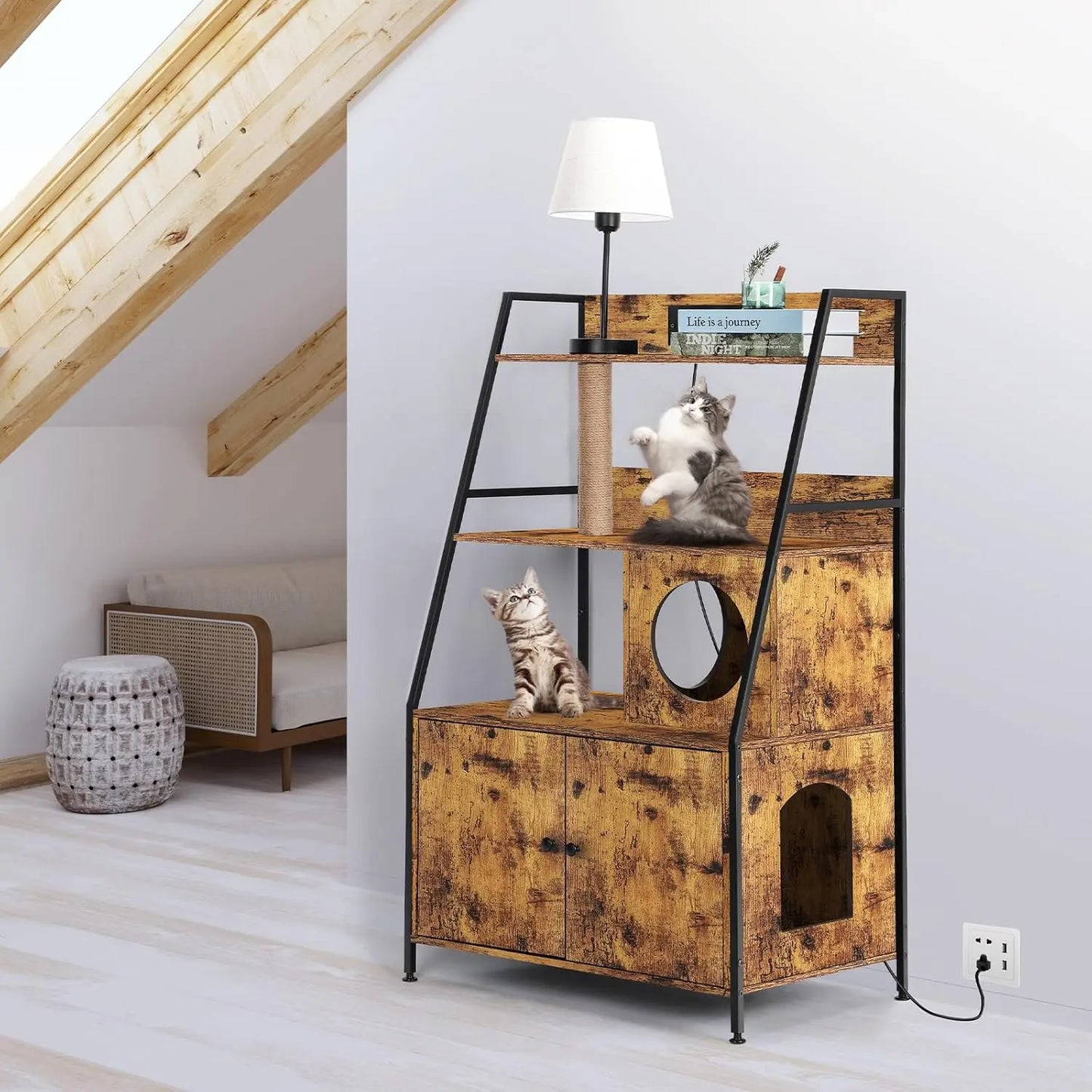 Cat Litter Box Enclosure With Shelves And Charging Station