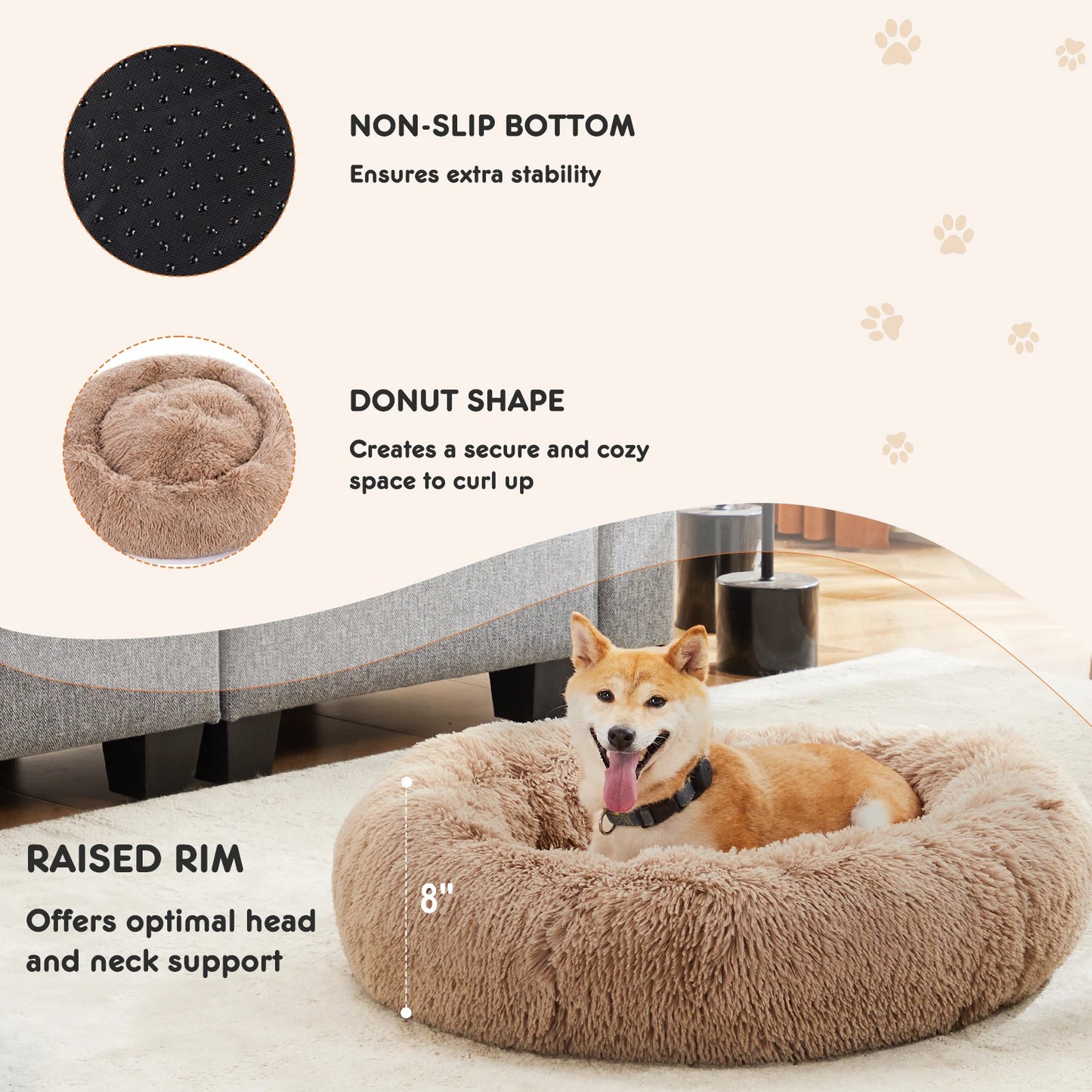 JHK Calming Washable Dog Bed Round Plush Faux Fur Cozy