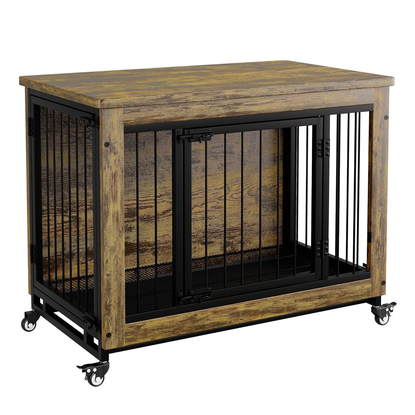 38.6" Rustic Wood Dog Crate Furniture 2-in-1 Chew Resistant with 3 Doors Locking Wheels Removable Tray Dog Kennel Side Table