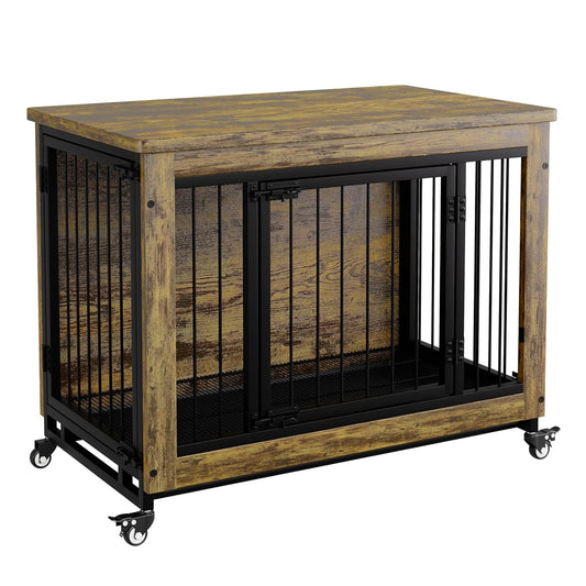 38.6" Rustic Wood Dog Crate Furniture 2-in-1 Chew Resistant with 3 Doors Locking Wheels Removable Tray Dog Kennel Side Table
