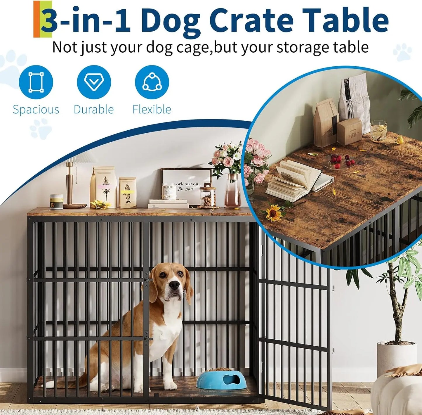 HiMISSH Wooden Dog Crate Furniture With Lockable Doors And Metal Frame