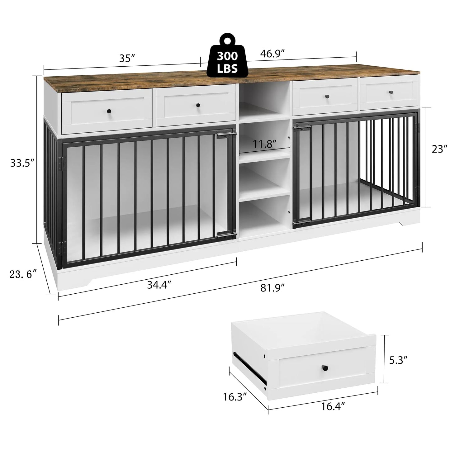 HiMISS Heavy-Duty Double Dog Crate Furniture TV Stand With Drawers