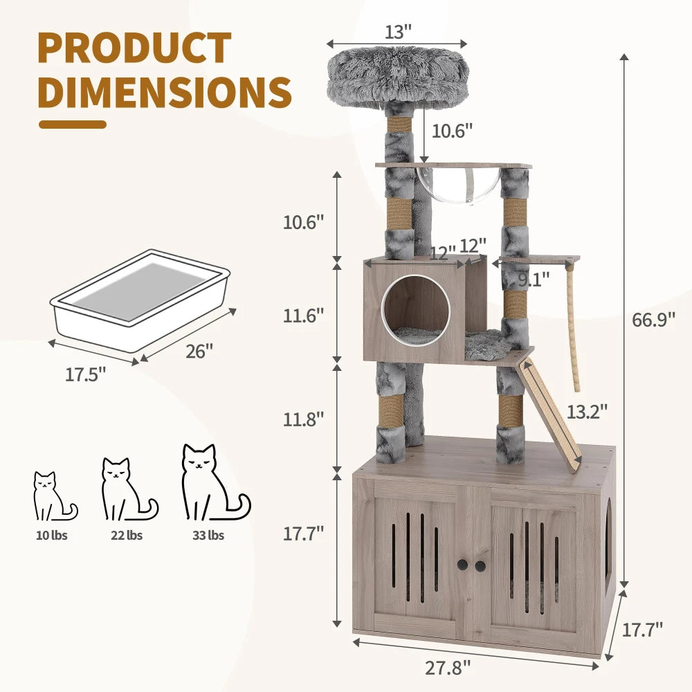 HiMISS Cat Tree With Litter Box Enclosure Storage Cabinet