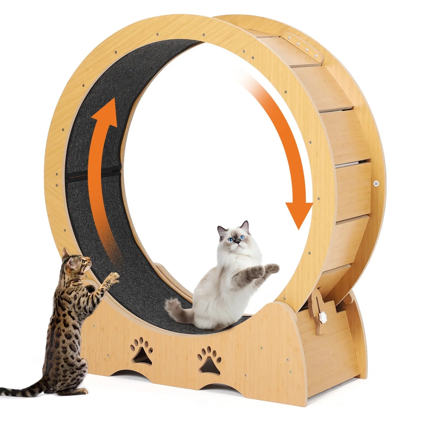 Wooden Cat Exercise Wheel forIndoor Cat, Large cat Running Treadmill with Low Noise Carpeted Runway, Removable Carpet Cat Wheel