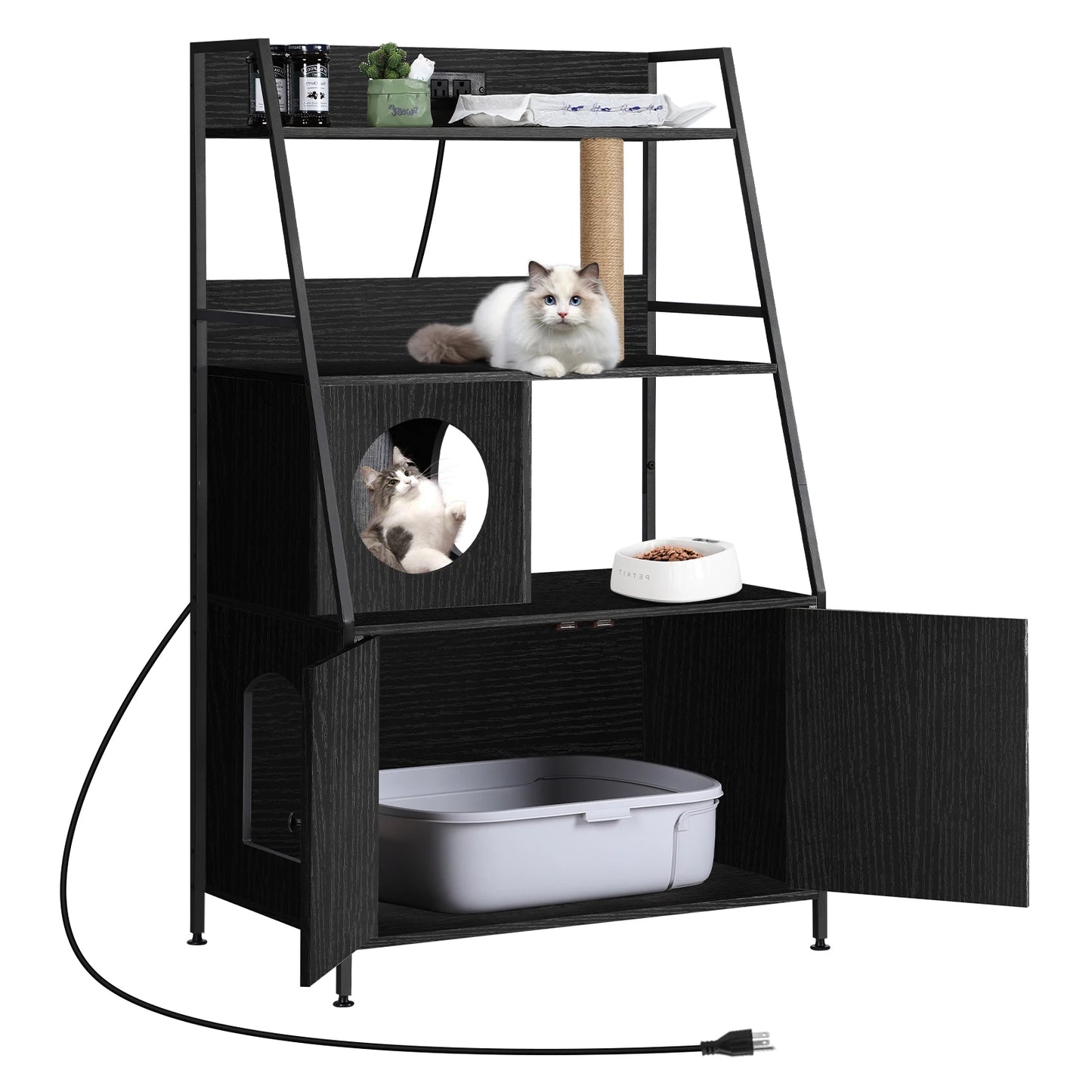 Cat Litter Box Enclosure With Shelves And Charging Station