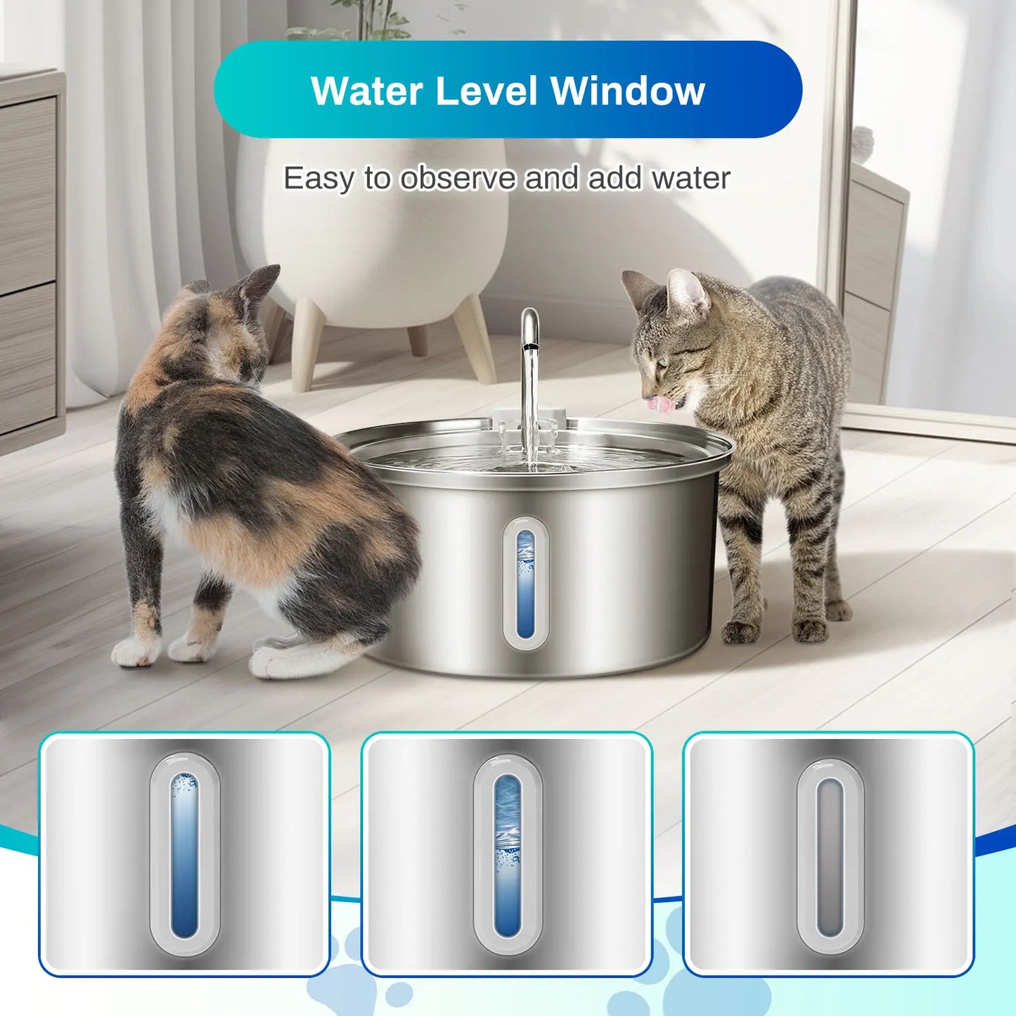 Cat Water Fountain Stainless Steel With Ultra Quiet Pump Filtration