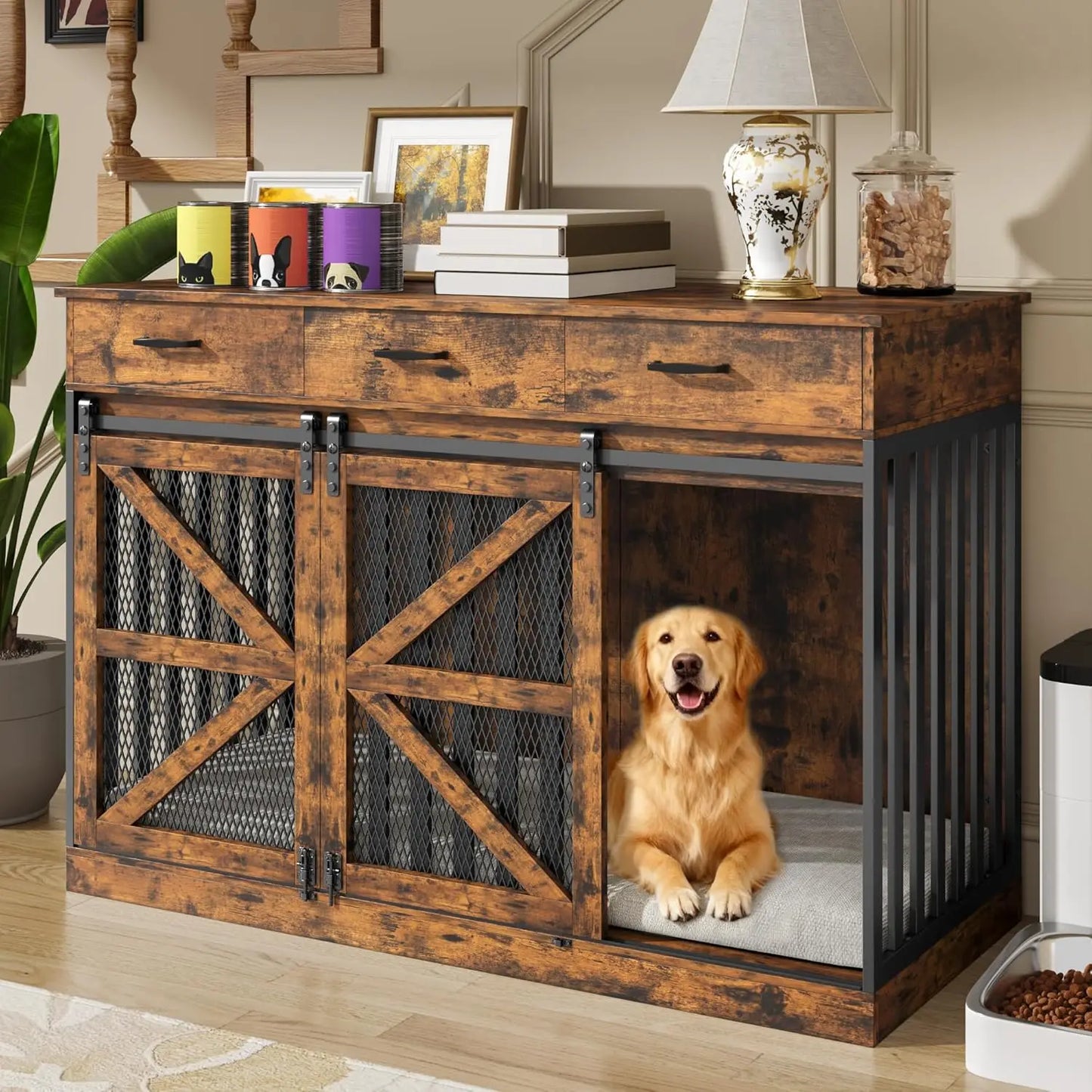 2in1 Wooden Dog Crate With Removable Divider And 3 Drawers