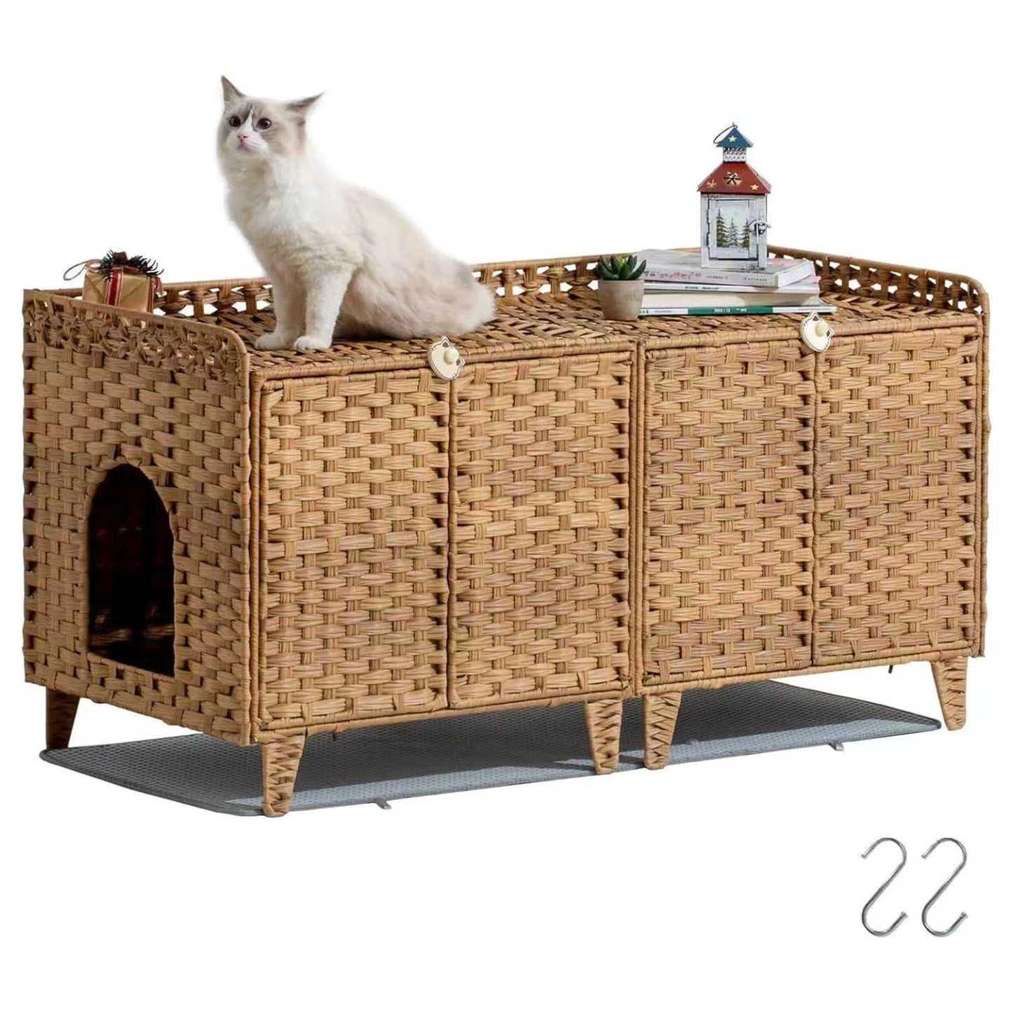 Cat Litter Box Enclosure Furniture, Handwoven Rattan Cat Bed Houses, Hidden Cat Washroom Furniture with Door/Mat
