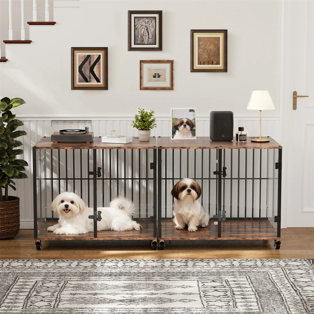 BINGOPAW Indoor Dog Cage: Furniture Style Tempered Glass Dog Pet Cage Dog Kennel End Table Crate with Smooth Rolling Wheels