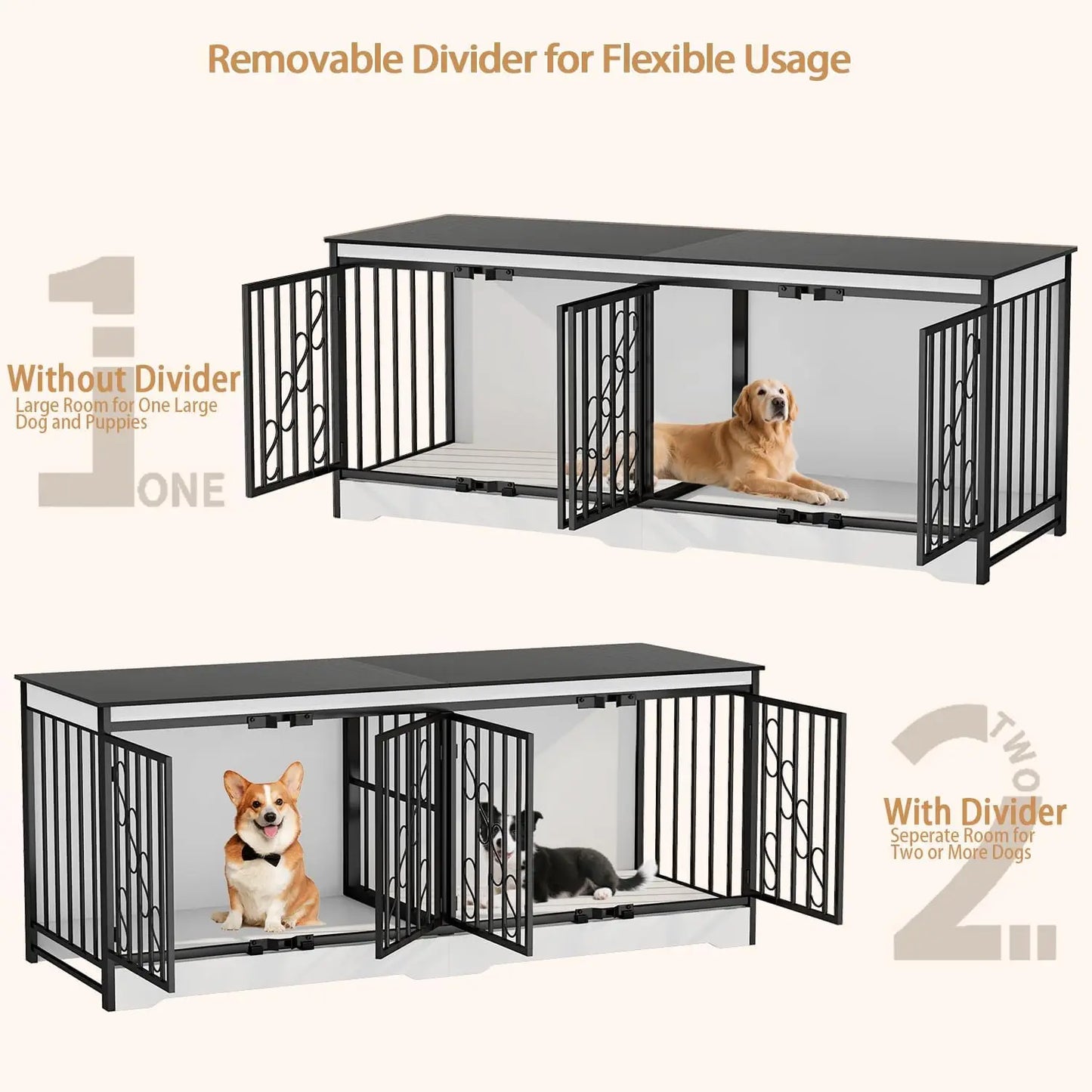 71' Black & White Double Dog Crate Furniture for 2 Dogs, Heavy Duty Wooden Dog Kennel Furniture