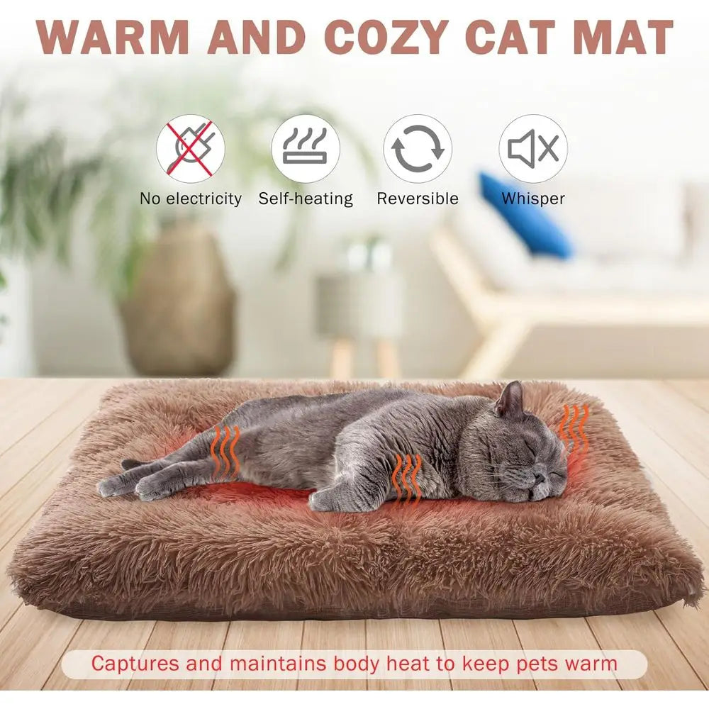 2-in-1 Heated Pet Bed, Plush Washable Mat for Cats & Small Dogs, Brown, 28x24