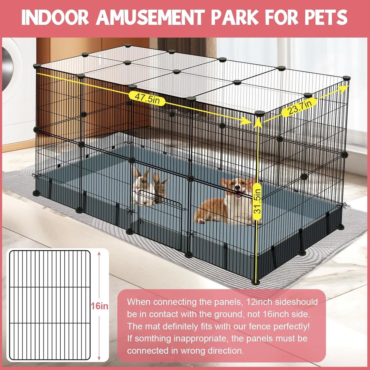 32-Panel Small Animal Playpen with Waterproof Mat, Portable Metal Fence for Guinea Pigs, Rabbits, Puppies Indoor/Outdoor