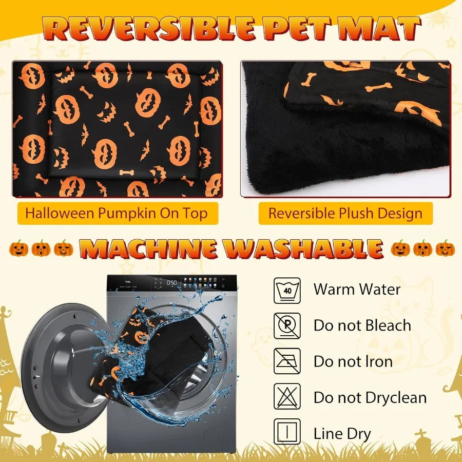 2 Pack Halloween Self Warming Cat Bed with Reversible Soft Plush Design for Indoor Cats and Small Dogs Self Heating Cozy Pumpki