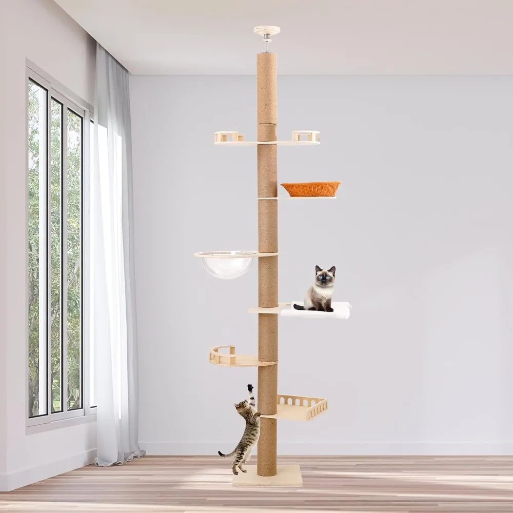 Adjustable Height Wooden Cat Tower With 6 Sisal Posts