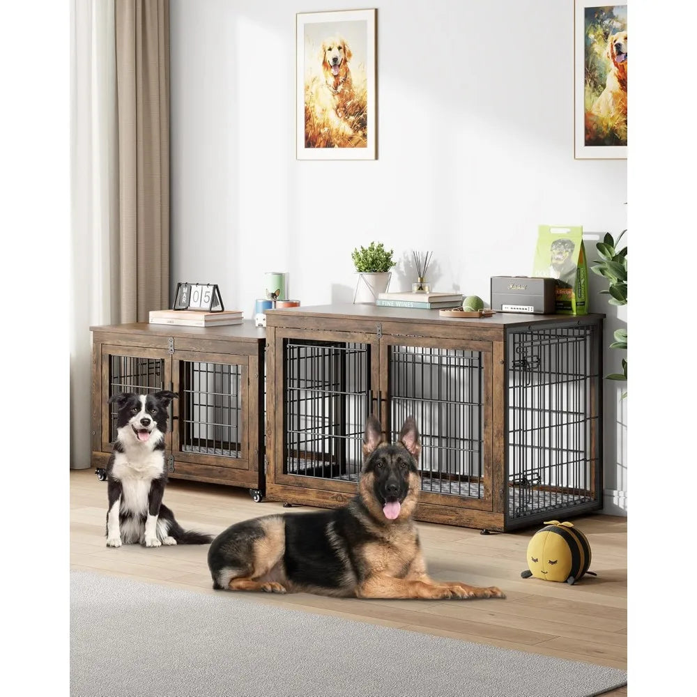 Dog Crate Furniture with Cushion Set of 2, Wooden Dog Kennel Indoor with Double Doors, Dog Cage with Wheels, House Side End