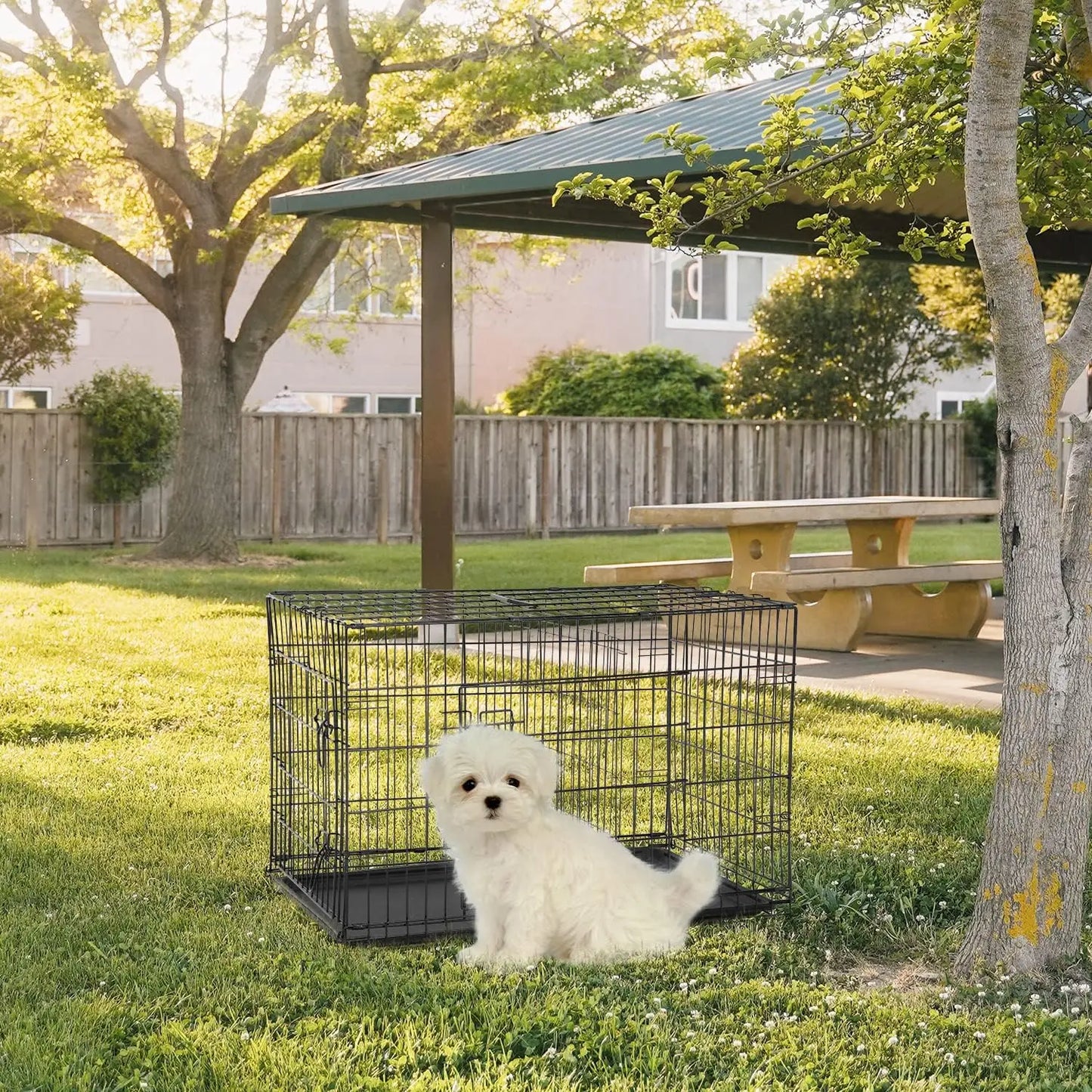 Folding Metal Dog Crate With Double Doors And Leak Proof Tray