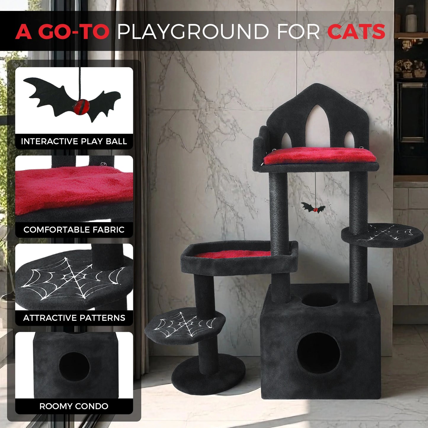 ‌Spooky Black Gothic Cat Tree Tower – 58" Multi-Level with Scratching Posts, Hammock & Interactive Toy for Indoor Cats