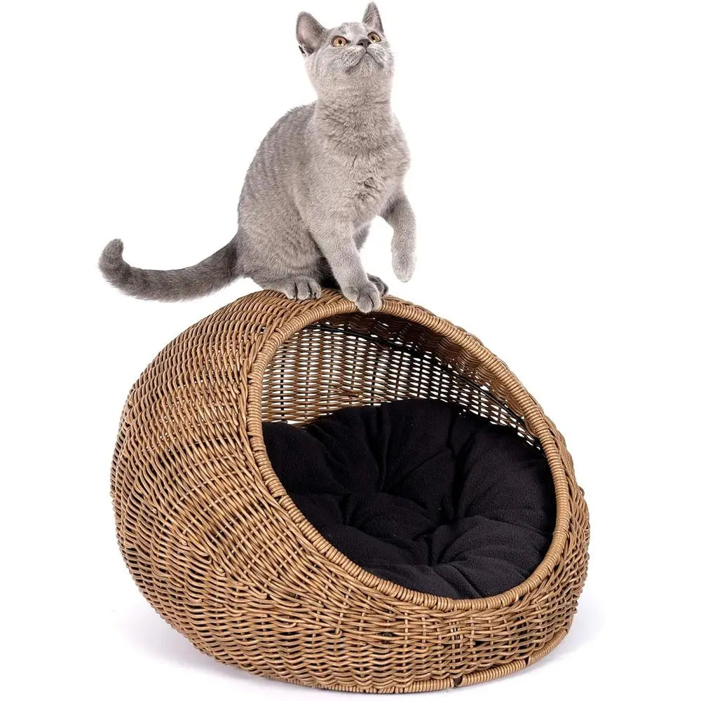 D+GARDEN Wicker Cat Bed Dome or Medium Indoor Cats - a Covered Cat Hideaway Hut o aux Rattan Houses Pets in Dome Basket, Washabl