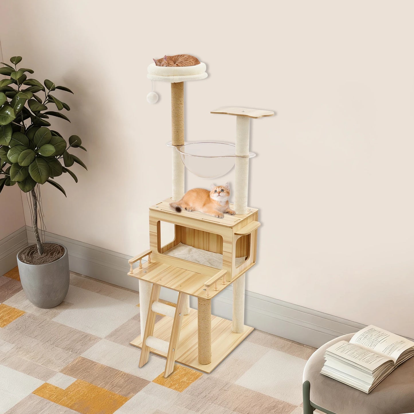 Indoor Cat Tree With Hemp Rope Floor Mount Multi Tier