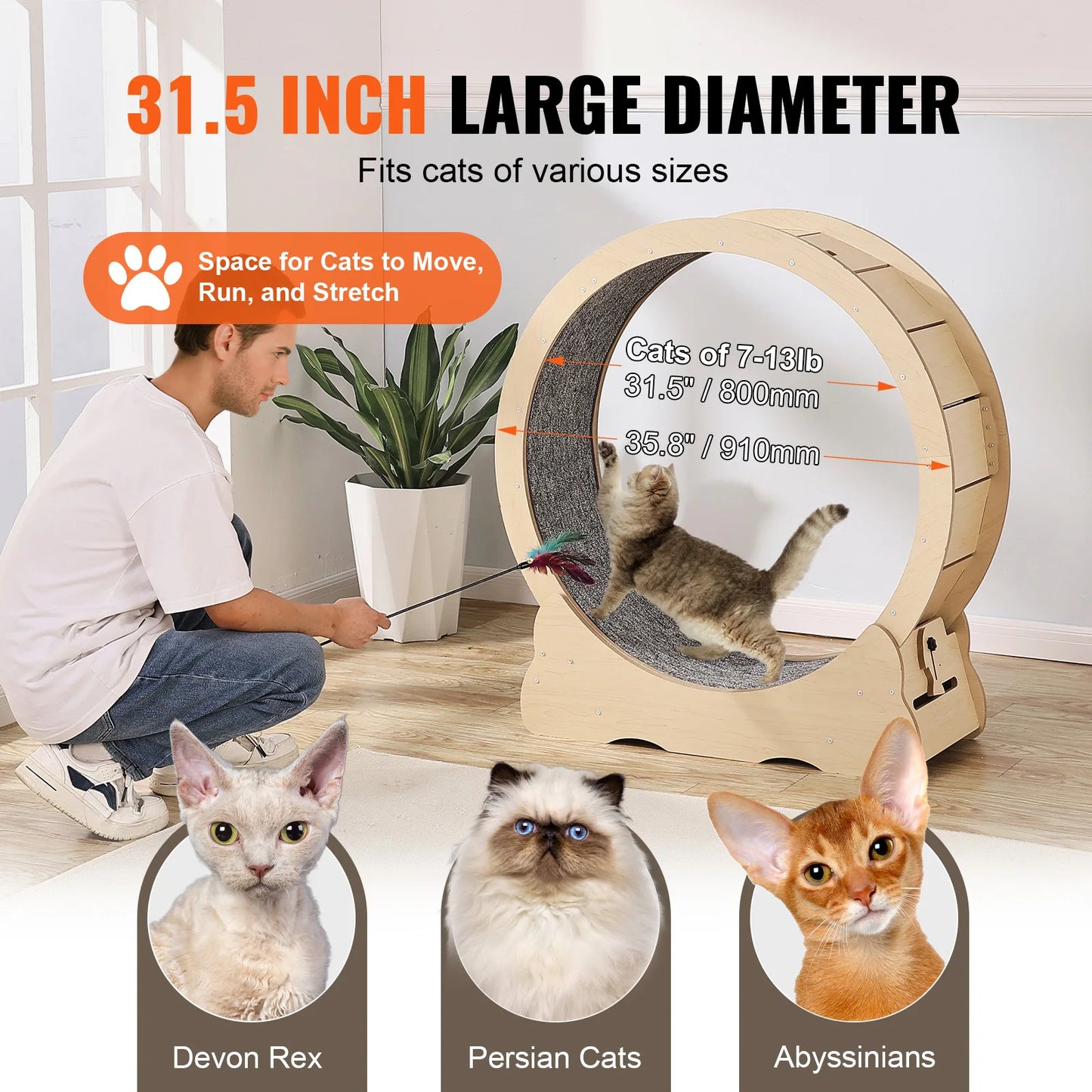 SucceBuy Wooden Cat Exercise Wheel Large Cat Treadmill Wheel for Indoor Cat Running Wheel With Detachable Carpet& Cat Teaser