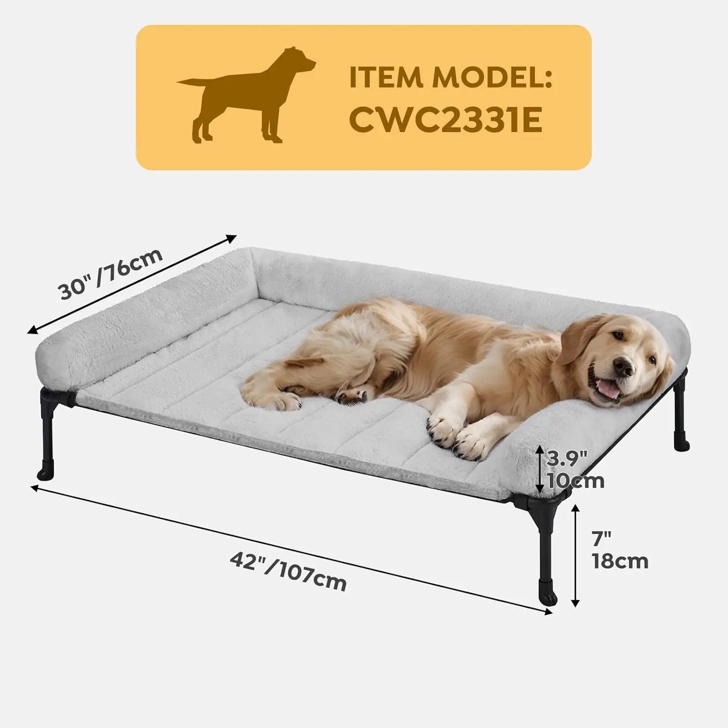 Elevated Orthopedic Dog Bed with Fluffy Bolster, Large Pet Sofa Cot, Removable Washable Mat, Non-Slip Feet, Grey