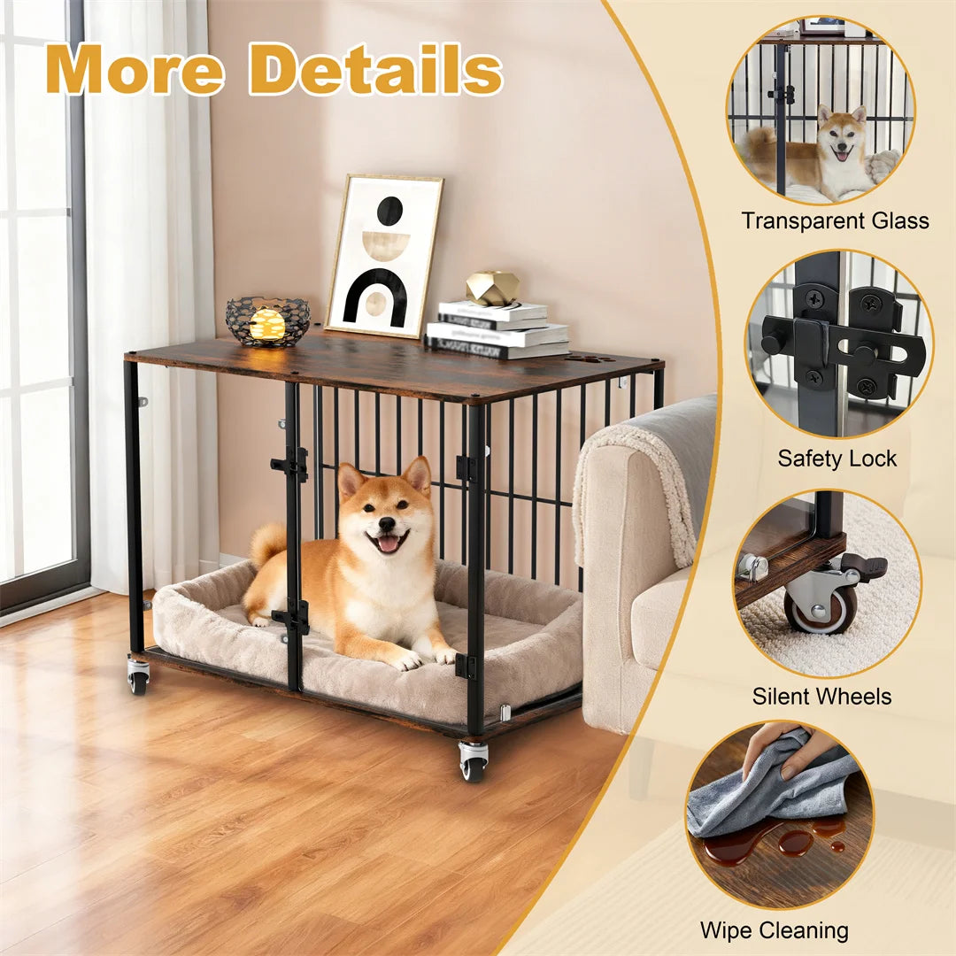 BINGOPAW Indoor Dog Cage: Furniture Style Tempered Glass Dog Pet Cage Dog Kennel End Table Crate with Smooth Rolling Wheels