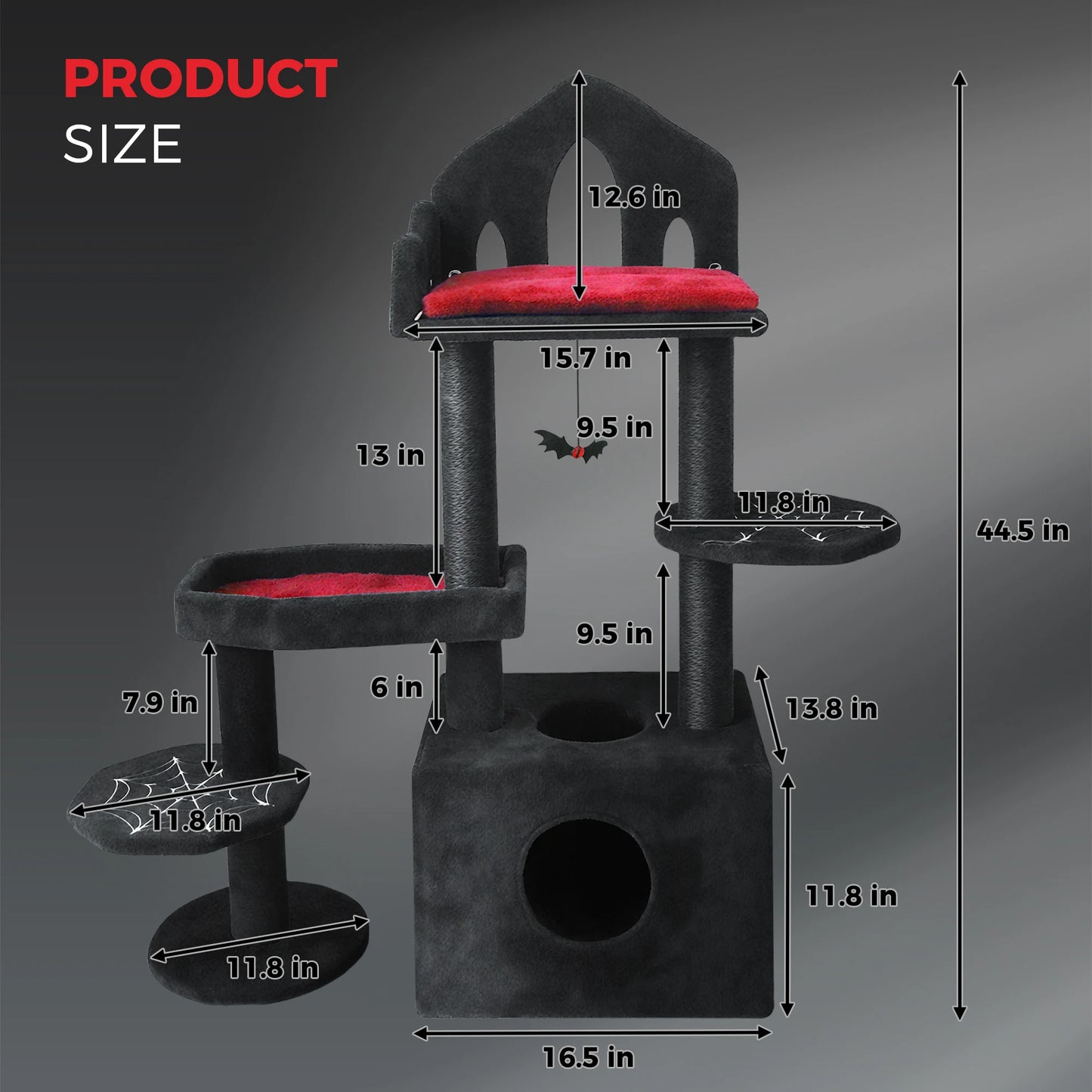 ‌Spooky Black Gothic Cat Tree Tower – 58" Multi-Level with Scratching Posts, Hammock & Interactive Toy for Indoor Cats