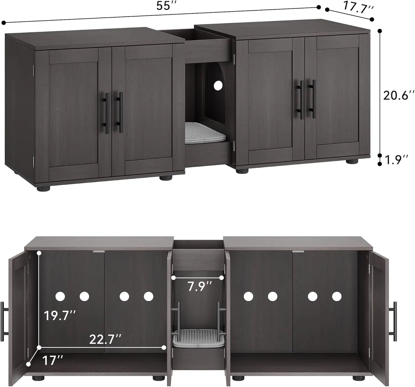 3-in-1 Wooden Washroom Cabinet with Double Compartments Cat Door & Scratching Pad Cat Litter Box Enclosure for Cats Supplies