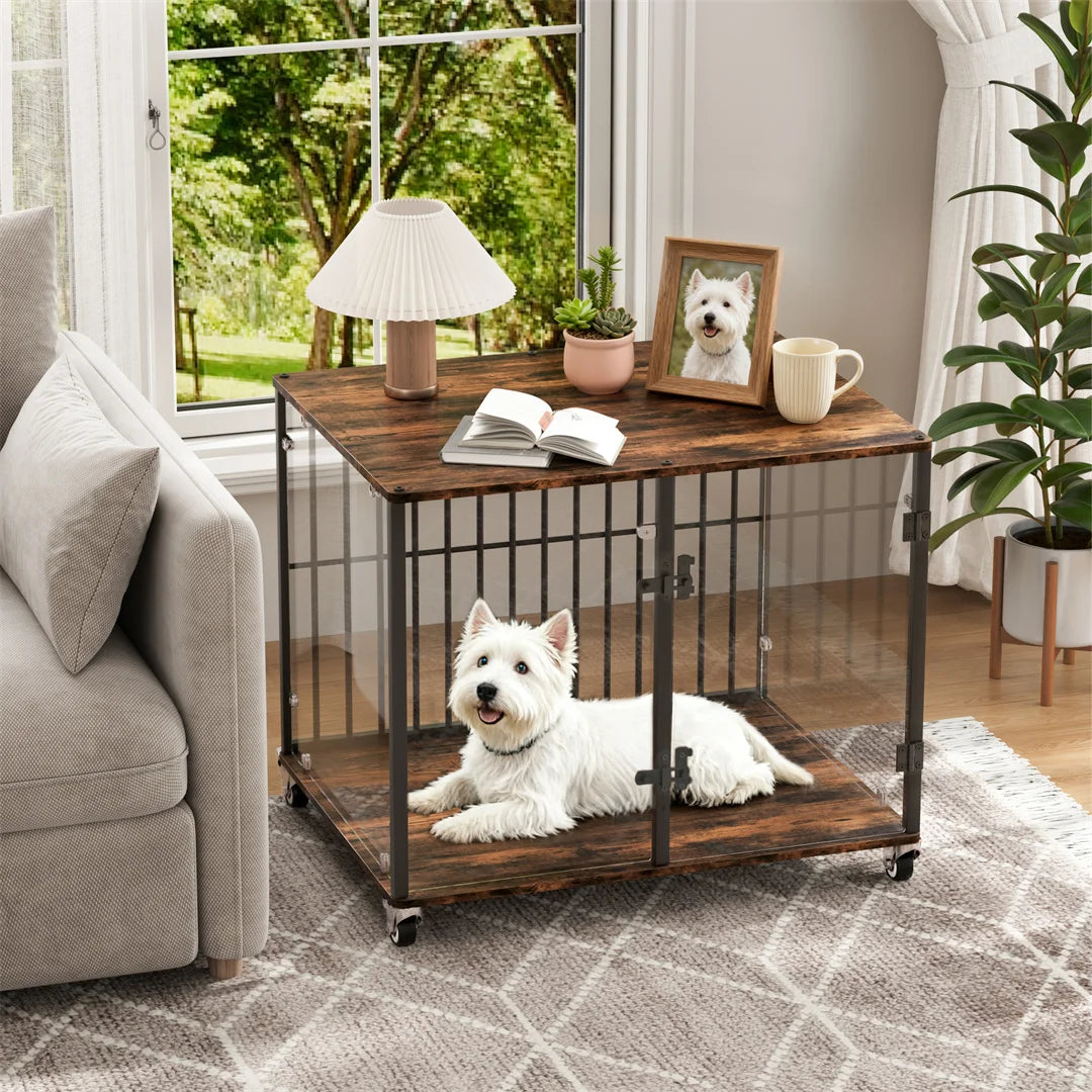 BINGOPAW Indoor Dog Cage: Furniture Style Tempered Glass Dog Pet Cage Dog Kennel End Table Crate with Smooth Rolling Wheels