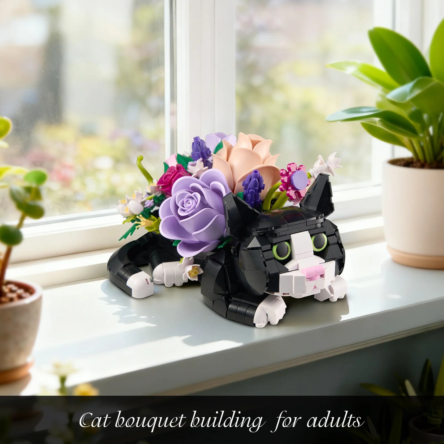 BuildMoc Tuxedo Cat Rose Bouquet Building Blocks Set