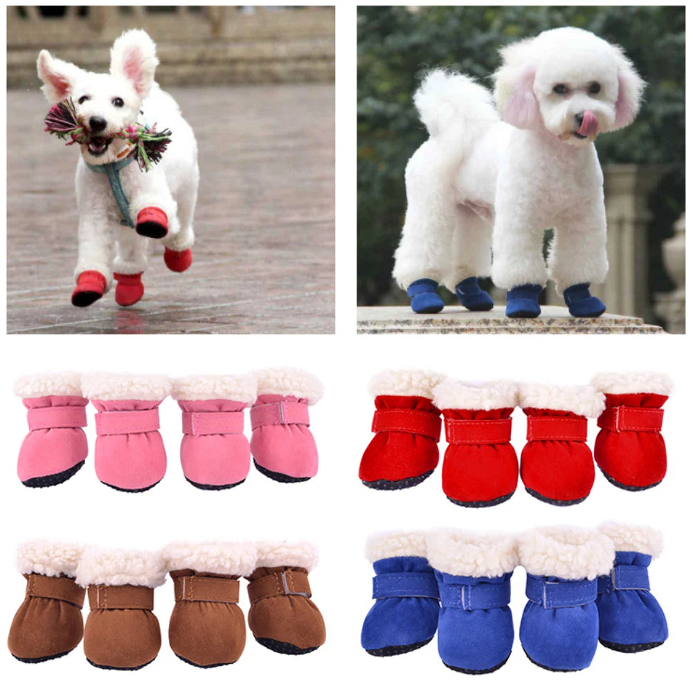 NONECN Plush Dog Boots 4 Pack Warm Anti Slip Shoes