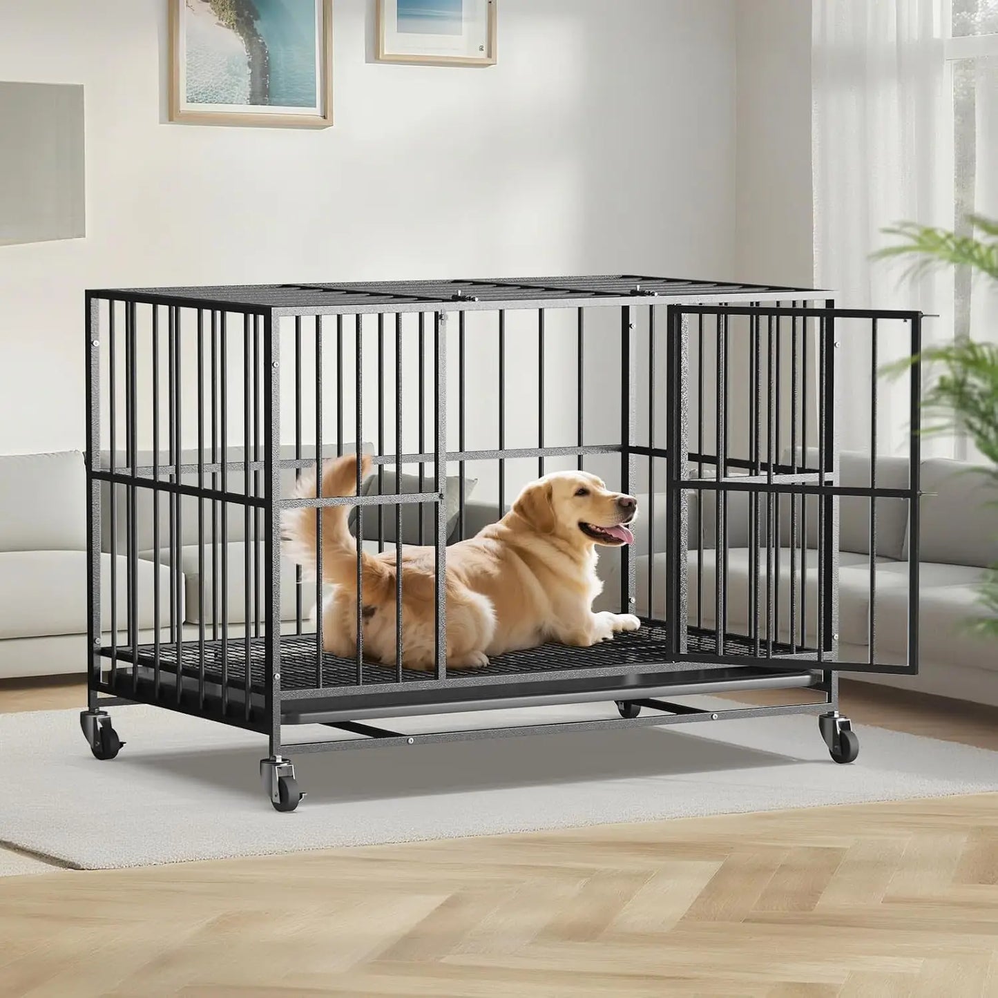 Heavy Duty Dog Crate Steel Double Door With Removable Tray