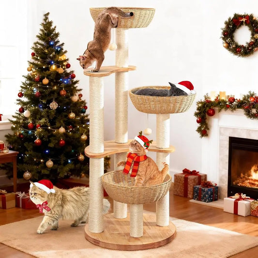 Luxury 54 Oak Cat Tree with Scratching Posts for Large Cats, Multi-Level Condo, Easy Maintenance Indoor Activity Center