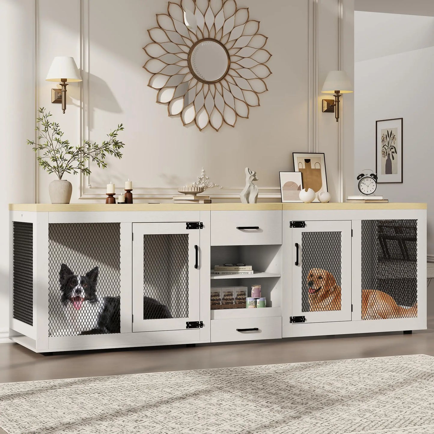 HiMISS Double Dog Crate Furniture TV Stand With Feeding Station