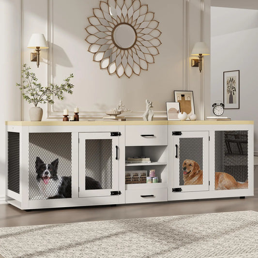 HiMISS Double Dog Crate Furniture TV Stand With Feeding Station
