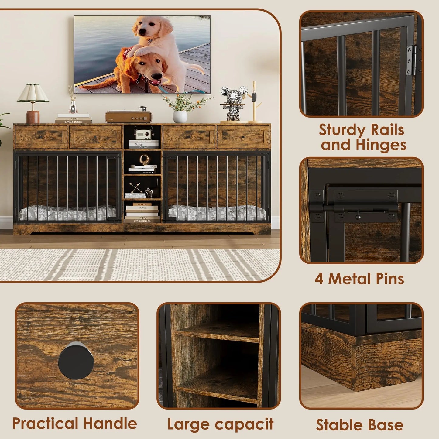 HiMISS Heavy-Duty Double Dog Crate Furniture TV Stand With Drawers