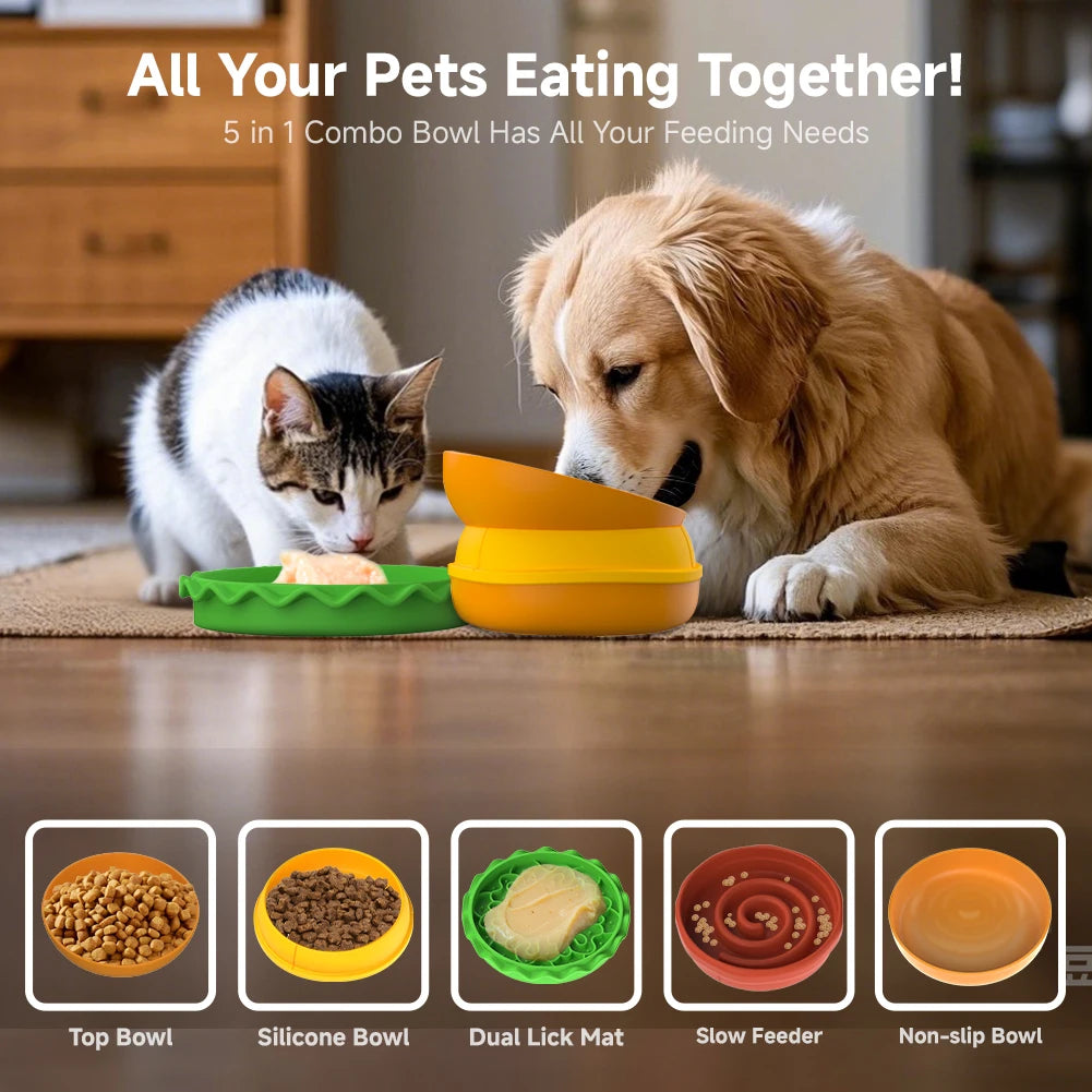 Pet Bowls Elevated 5 In 1 Slow Feeder Set for Dogs and Cats