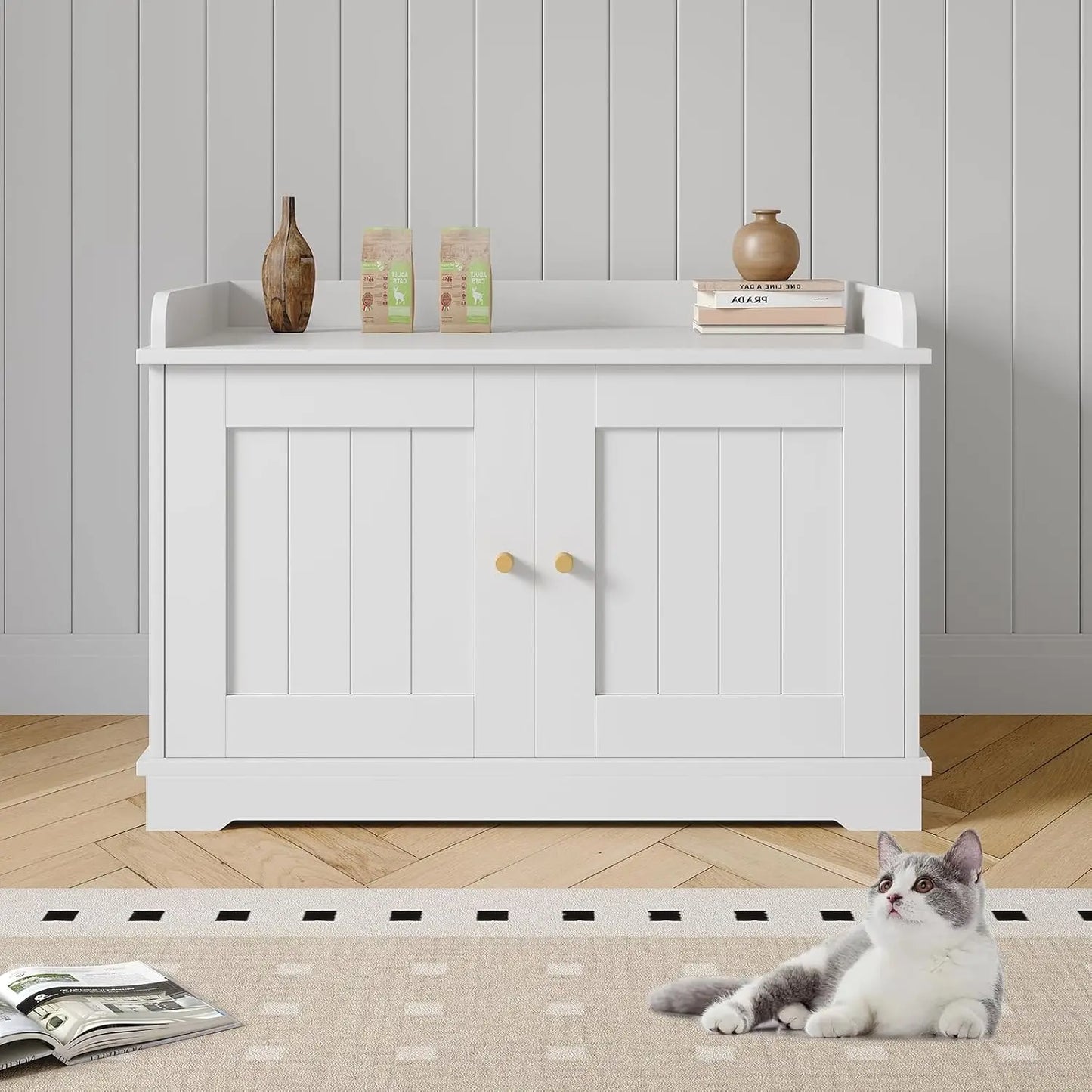 HiMISS Modern Barn Door Cat Litter Box Enclosure Cabinet