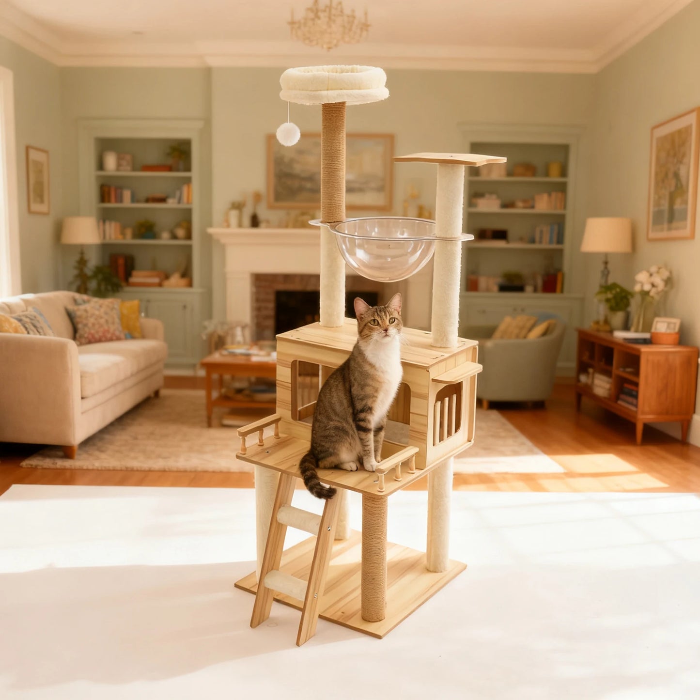 Indoor Cat Tree With Hemp Rope Floor Mount Multi Tier