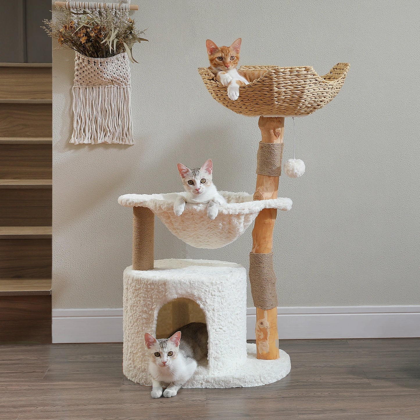 PEQULTICN Natural Wood Cat Tree Tower With Wicker Basket Indoor