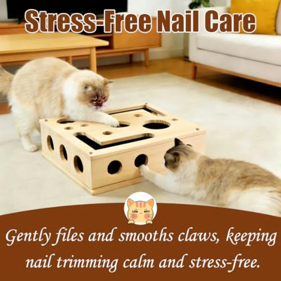 Reinforced Cat Nail File Scratcher Box with 8 Screws Wooden Enrichment Puzzle Toy for Indoor Cats Sandpaper Claw Care Furniture