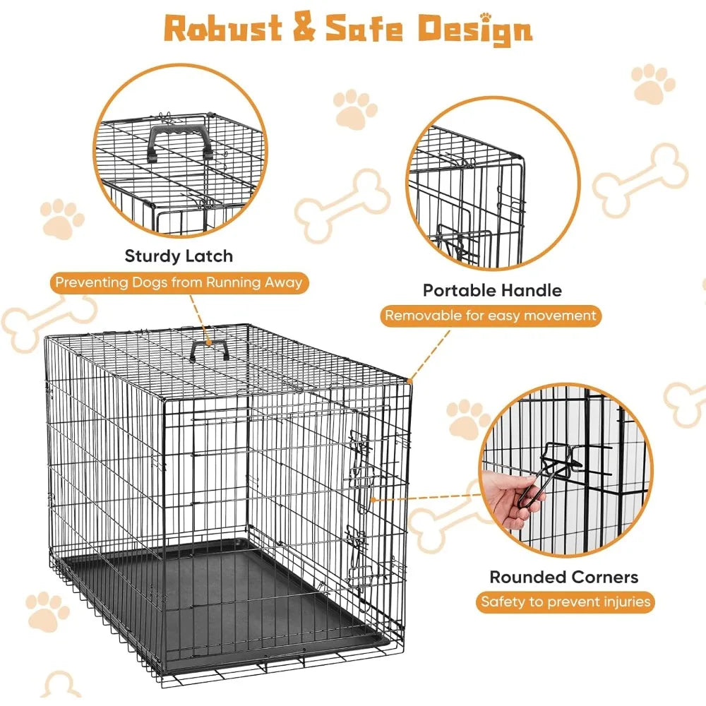 Dog Crate with Double Doors and Leakproof Pan Tray, Folding Wire