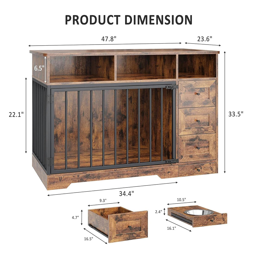 48 Inch Dog Crate Furniture, Farmhouse Dog Kennel with Bowl & Drawers, Heavy Duty Pet Crate Table for Medium Small Dogs